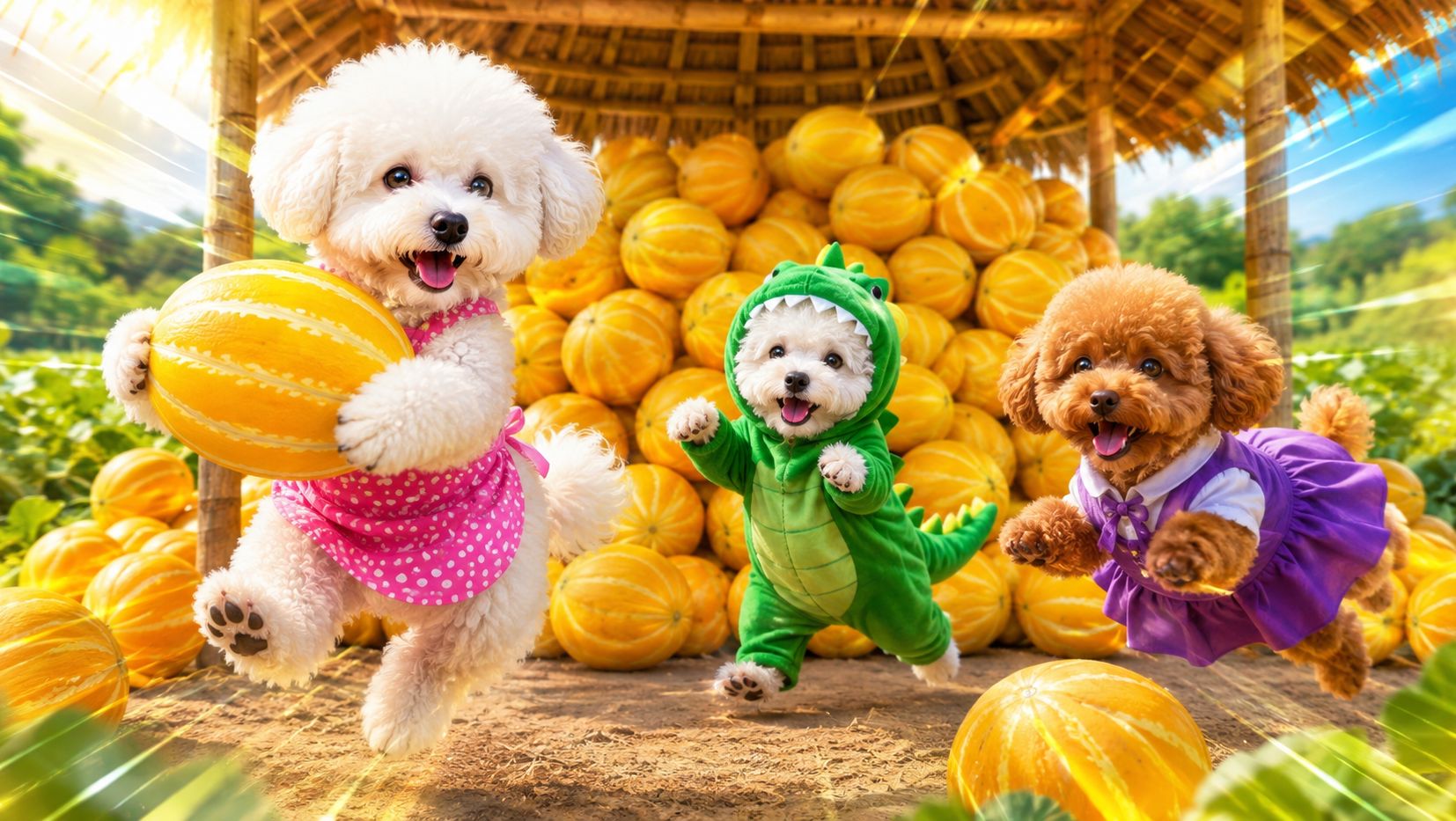 ⚡ Мама мини пудель🐩и её детки собирают дыни🍈!🍿⚡