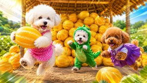 ⚡ Мама мини пудель🐩и её детки собирают дыни🍈!🍿⚡