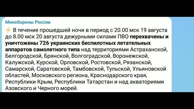 ПВО перехвачены и уничтожены 726 украинских БПЛА и наш ответ, 20 августа 2026
