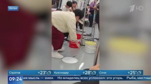 Ползучий рейс: пассажир китайского метро уронил в вагоне ведро с угрями.