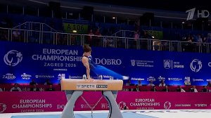 Российские атлеты на пьедестале Чемпионата Европы по спортивной гимнастике.
