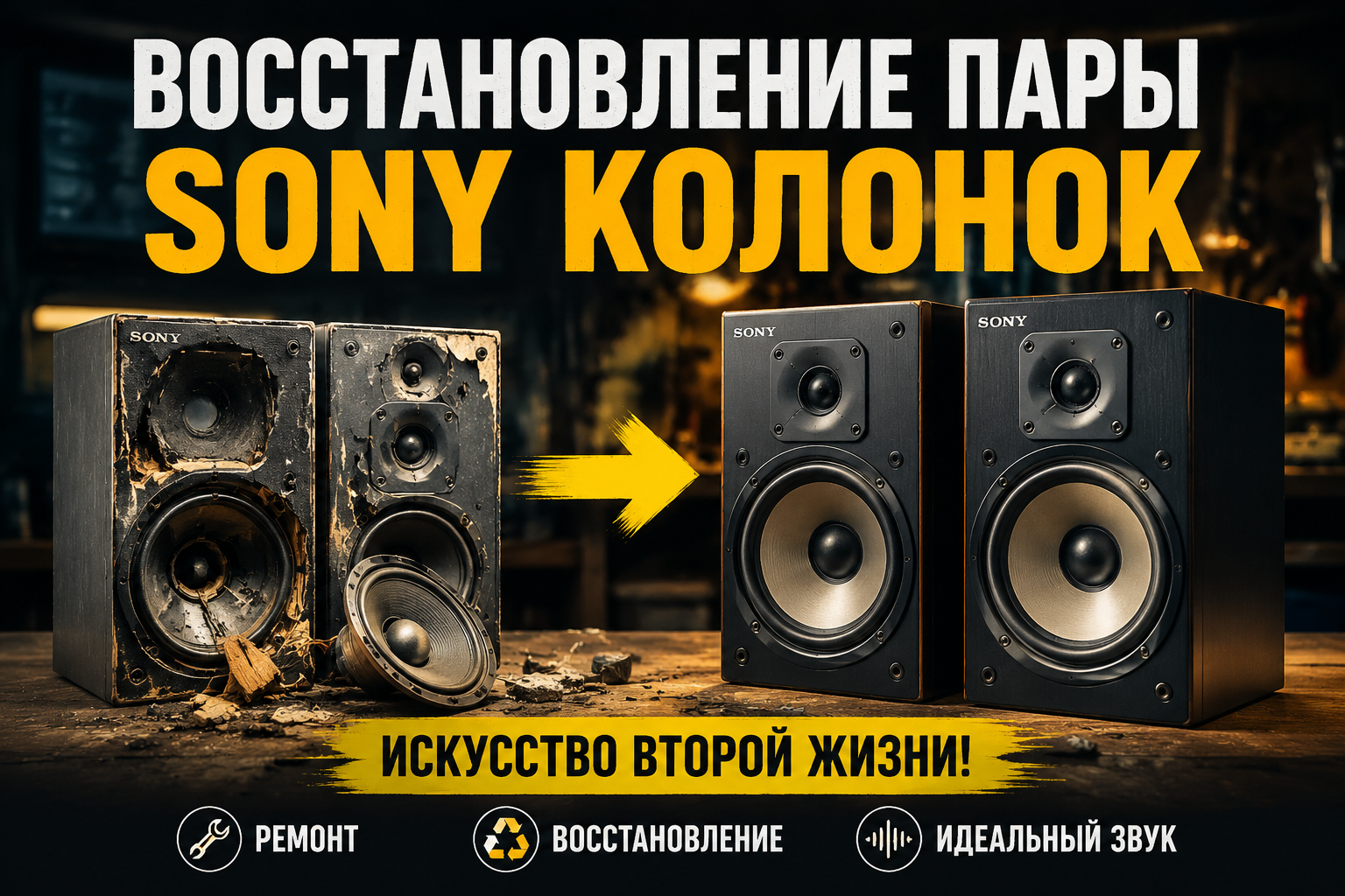 Восстановление пары сломанных колонок SONY: искусство переработки старых вещей