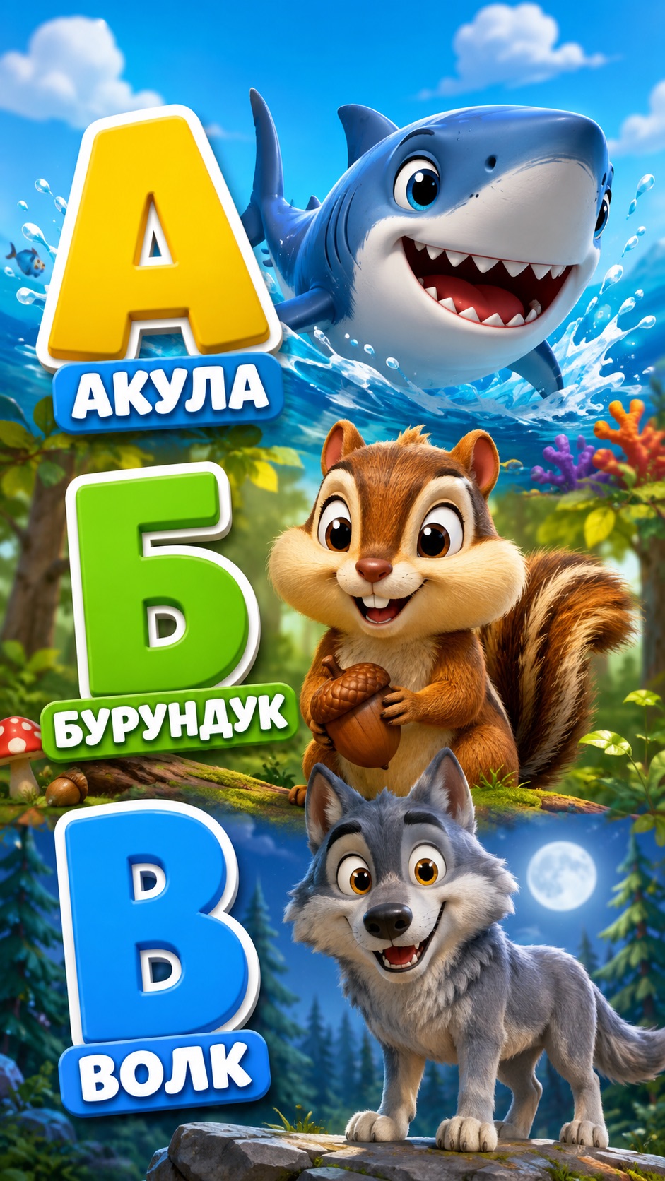 🦈🐿️🐺 А, Б, В — Учим буквы с животными! | Азбука для детей
