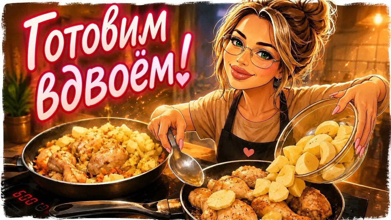 Алиса Неземная. ГОТОВИМ ВДВОЁМ! У КАЖДОГО СВОЯ СКОВОРОДА🍗🍏🥒🥕🧅