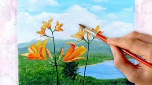 Как нарисовать цветы на фоне горы и озера