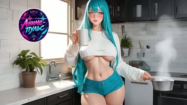 Доброе утро: анимэ-девушка наслаждается чаем на кухне
