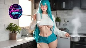 Доброе утро: анимэ-девушка наслаждается чаем на кухне
