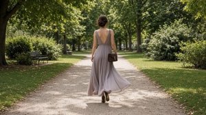 По тропинке в парке грациозно идёт девушка — легко и непринуждённо.