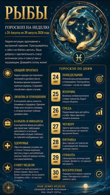 Рыбы.  Полный гороскоп  на неделю с 24 Августа по 30 Августа