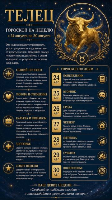 Телец.  Полный гороскоп  на неделю с 24 Августа по 30 Августа