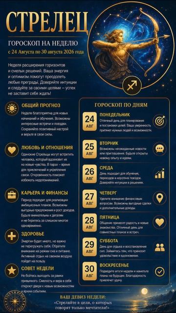 Стрелец   Полный гороскоп  на неделю с 24 Августа по 30 Августа