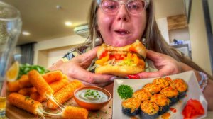 МУКБАНГ РОЛЛЫ БУРГЕР СЫРНЫЕ ПАЛОЧКИ