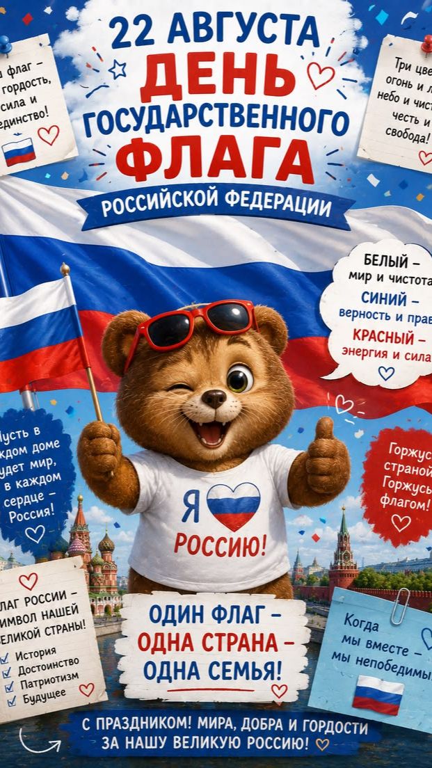 22 августа — День флага России! Патриотическая открытка с музыкой и теплыми словами 🇷🇺💫