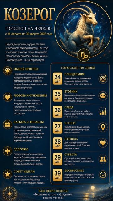 Козерог  Полный гороскоп  на неделю с 24 Августа по 30 Августа