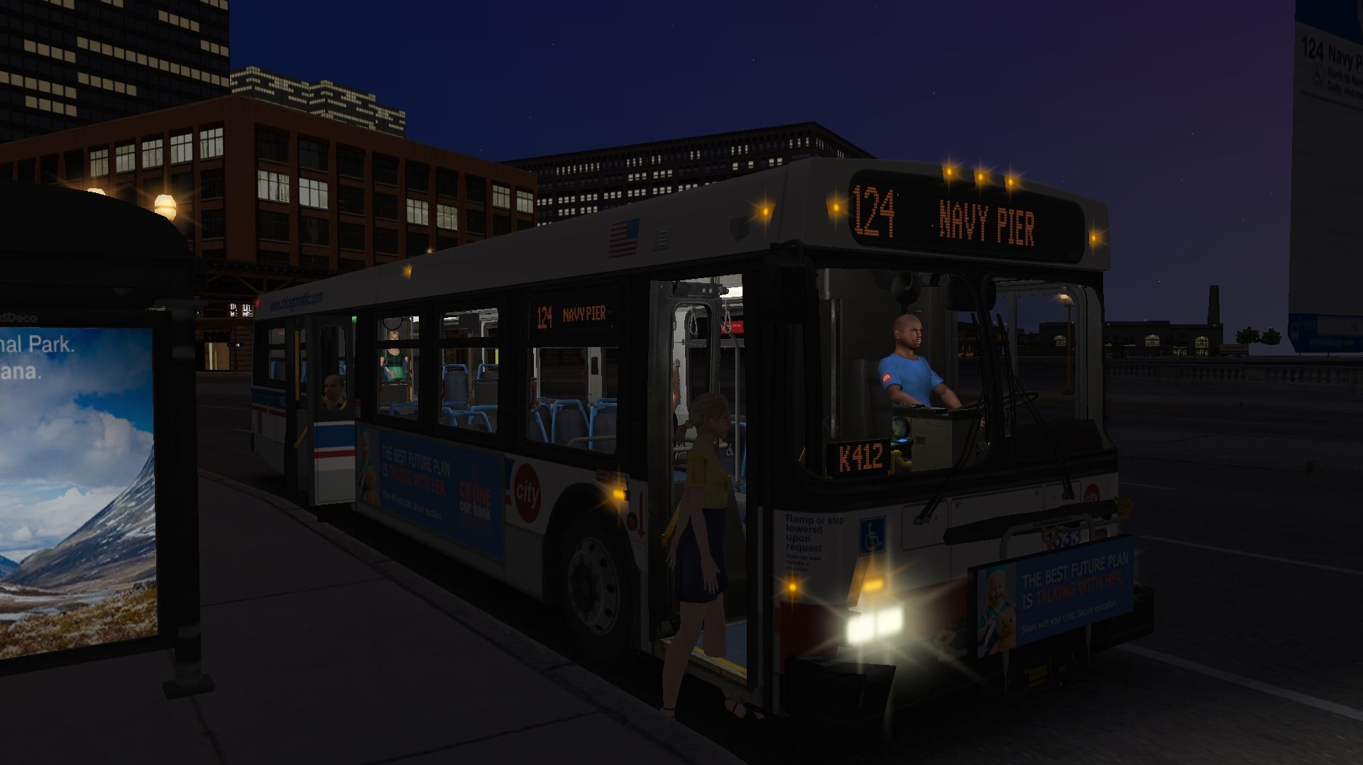 Поездка на New Flyer D40LF по маршруту №124 по карте Chicago Downtown