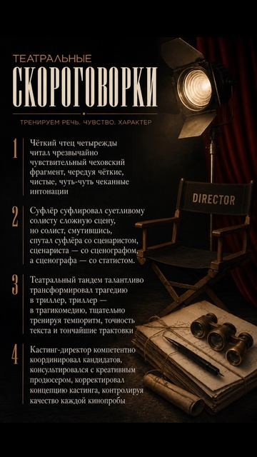 Театральные скороговорки! Тренируем дикцию. Скороговорки на тему театра и кино