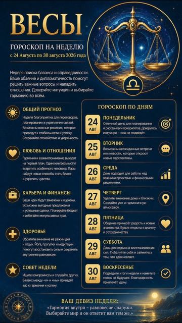 Весы   Полный гороскоп  на неделю с 24 Августа по 30 Августа