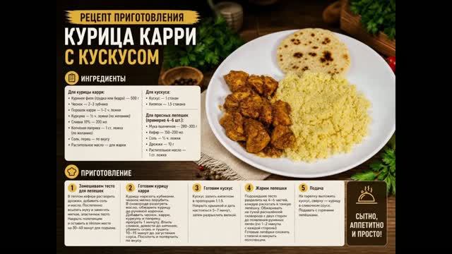 Курица карри с кускусом и лепешками
