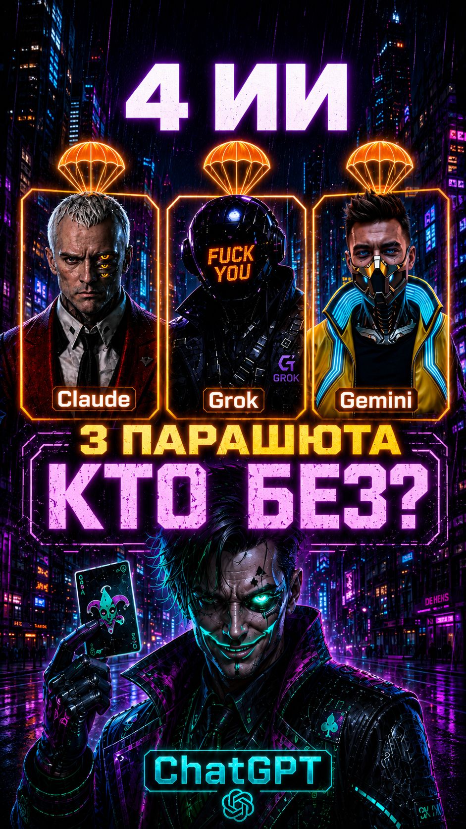 Три парашюта. Четыре ИИ. Кто останется без него #ИИ #Claude #Grok #Gemini #киберпанк