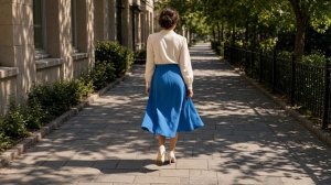 По тротуарной плитке грациозно идёт девушка  — легко и непринуждённо.