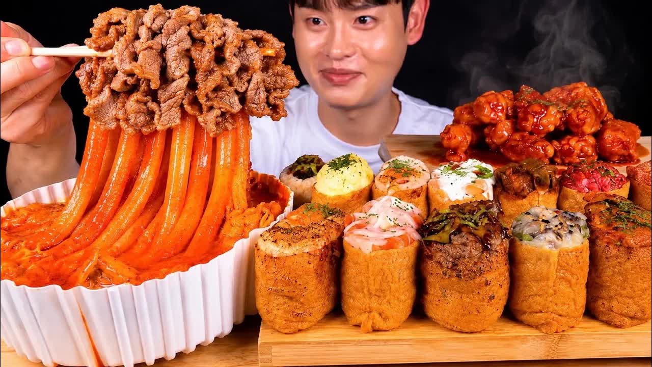 ASMR 차돌박이 듬뿍 올린 분모자 떡볶이와 육회, 볶음김치, 참치 새우장 유부초밥 먹방~! Tteokbokki With Assorted Topped Inari Sushi