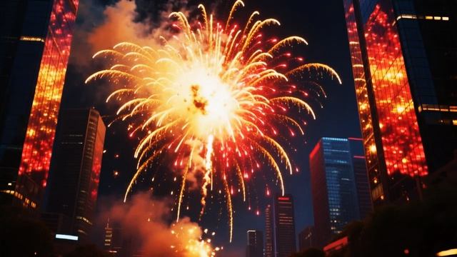 Золотой салют над городом!  Небоскрёбы отражают огонь 