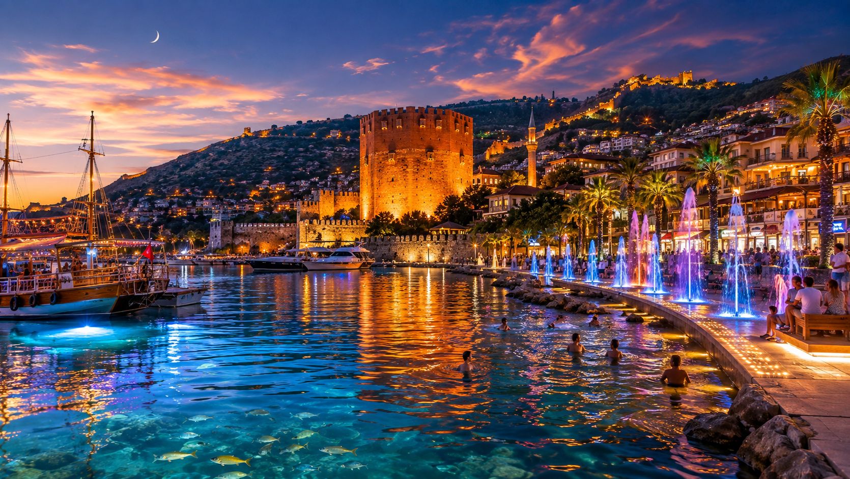Аланья вечером 🌅✨ Порт, Красная башня и волшебная подсветка фонтанов 🌊🏰