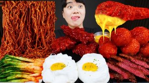 МУКБАНГ — Жареная курица, кимчи, лапша с чёрной фасолью и свиные котлеты