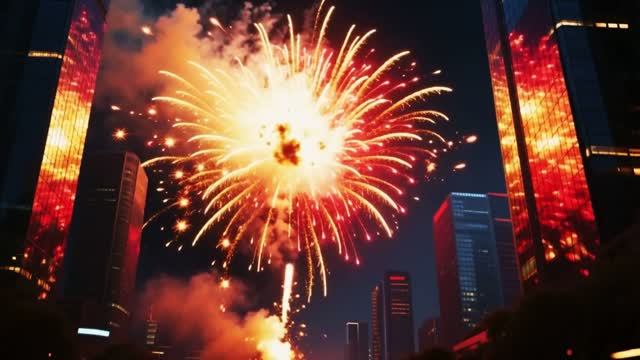Золотой салют над городом! 🎆✨ Небоскрёбы отражают огонь 🔥