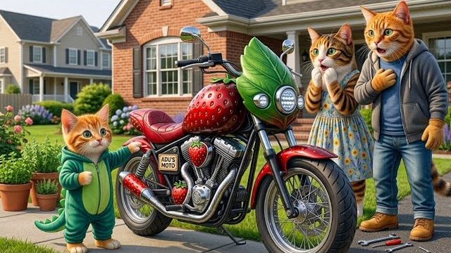 👉Котенок, оставшийся один дома, строит клубничный мотоцикл! 🍓🏍️ (Трогательная история