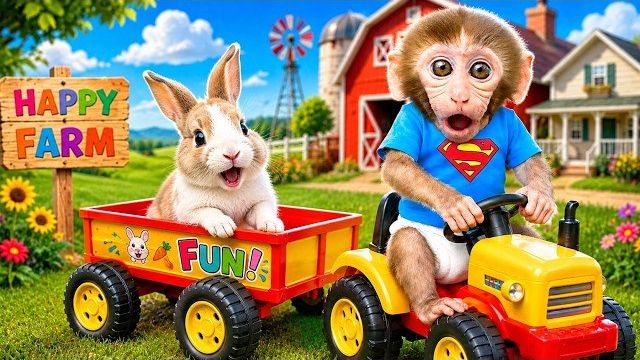 Обезьянка водит грузовик с крольчонком по ферме | Детские стишки и песенки | Bobby Kids Songs