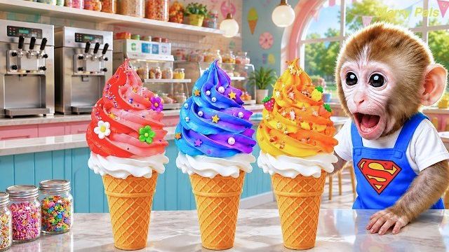 Очаровательная обезьянка Моно приготовьте много красочного мороженого и наслаждайтесь им в полной