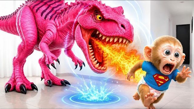 Детёныш обезьяны УБЕГАЕТ от гигантского огненного динозавра! 😱 | Детские стишки и песенки |