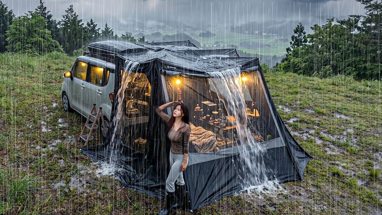☔️Уютный кемпинг в палатке на колесах под непрекращающимся дождем, с возможностью полного разворота
