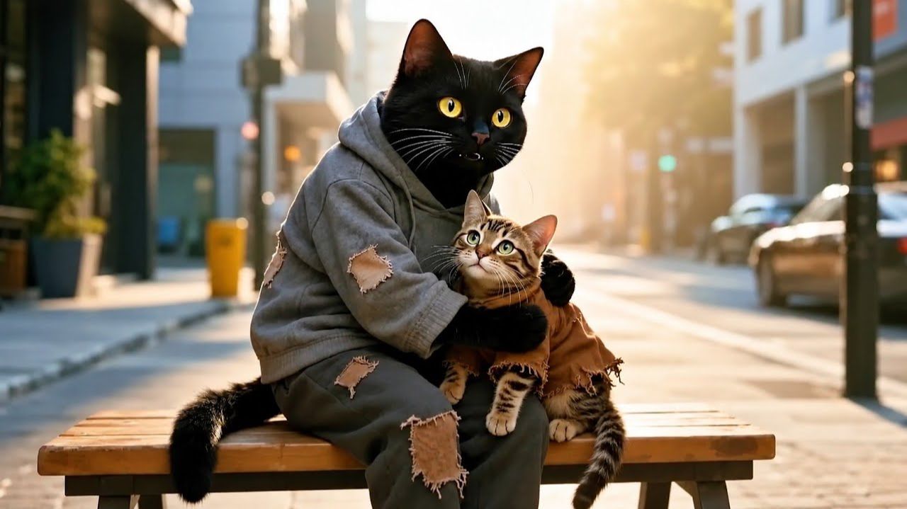 Котенок делится едой с голодными кошками! 🐱🍲❤️