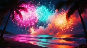 Фейерверк над тропическим пляжем! 🌴🎆 Неон в волнах ✨