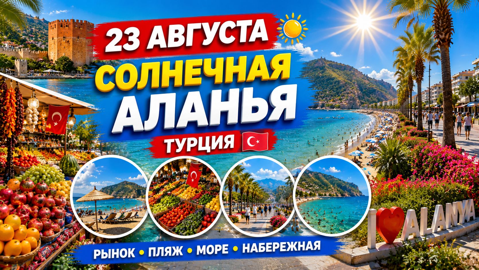 23 августа ☀️🌴 Солнечная Аланья 🇹🇷 Турецкий рынок, пляж, море и красивая набережная 🌊