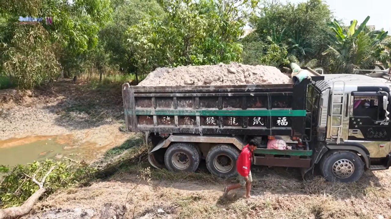 New Pond Location Landfilling Task! Team 12 Wheel Dump Trucks Dumping With Bulldozer Move Soil Pro