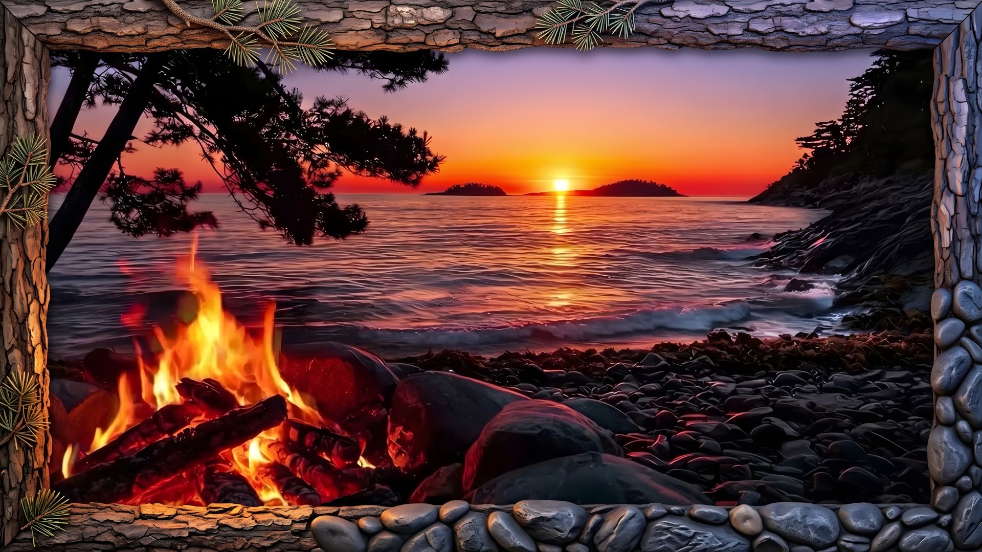 🔥🌅 Костёр на берегу моря на закате | Звуки волн для сна и отдыха.