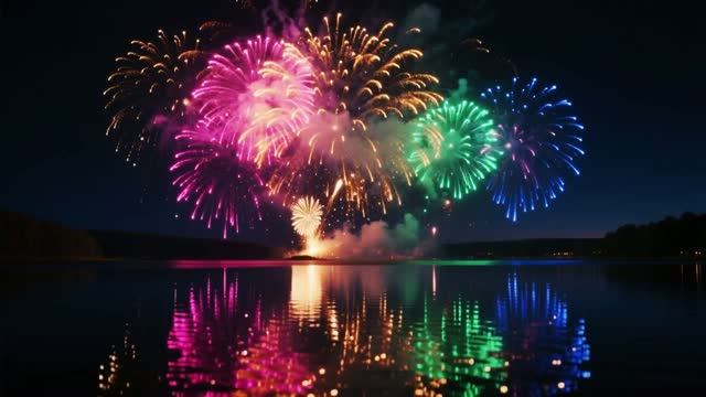 Радужный салют над озером! 🎆✨ Вода зеркалит магию ночи 🌈
