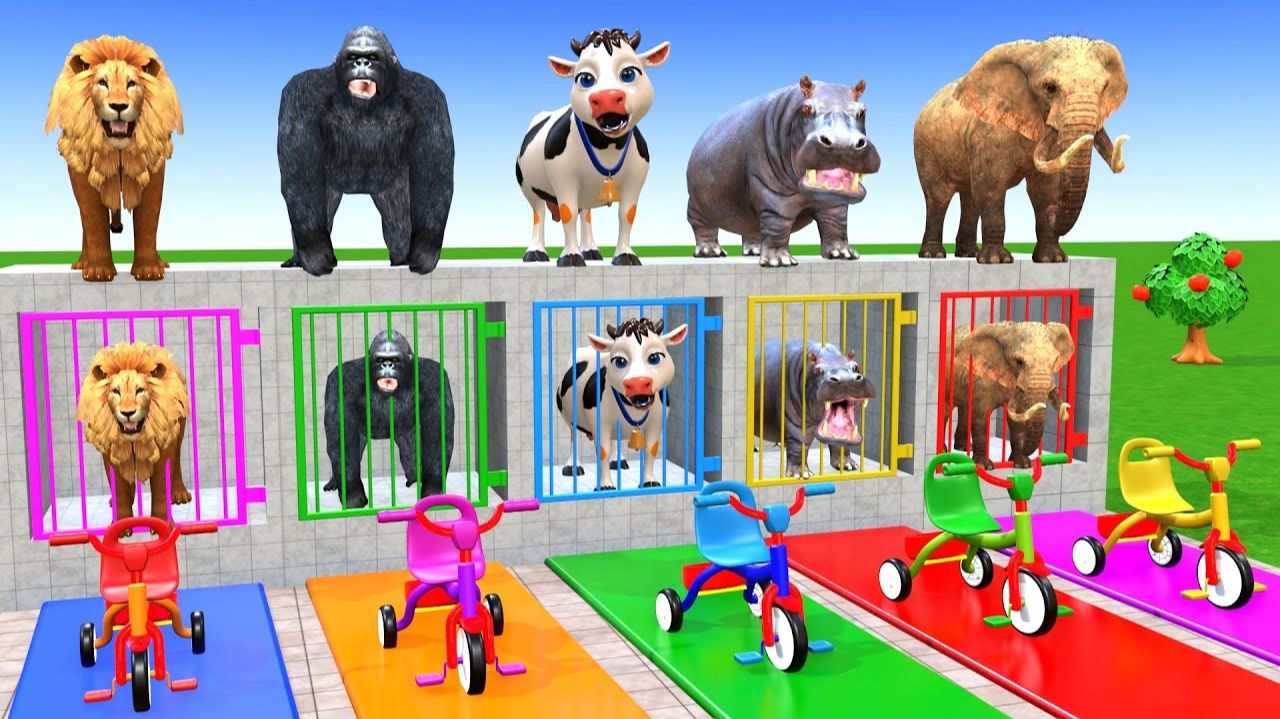 Длинная игра-слайд с Коровой, Слоном, Гориллой, Гиппопотамом