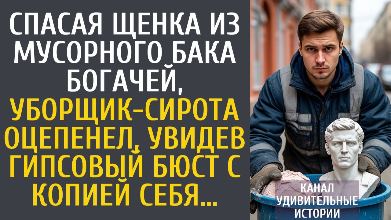 Истории из жизни Спасая щенка из мусорного бака богачей, уборщик оцепенел, увидев гипсовый бюст…