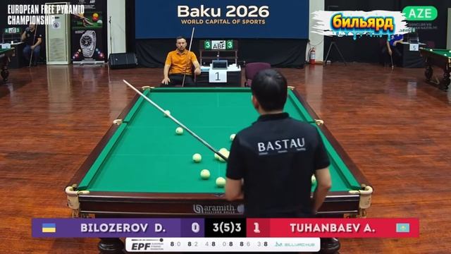 Бильярд. EURO 2026. Белозеров (UKR) - Туганбаев (KZT). Бильярд (Американка), своб. пирамида.