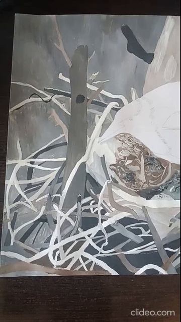 Рисунок вороны в гнезде на ватмане гуашью)