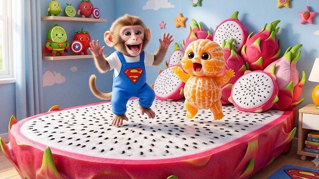 Симпатичная обезьянка Моно умудряется устроить гигантскую кровать с драконьими фруктами, а затем ра