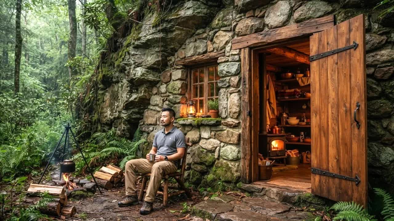 Жизнь в лесу 🌿 Превращаю каменную пещеру в теплое укрытие, буширафт