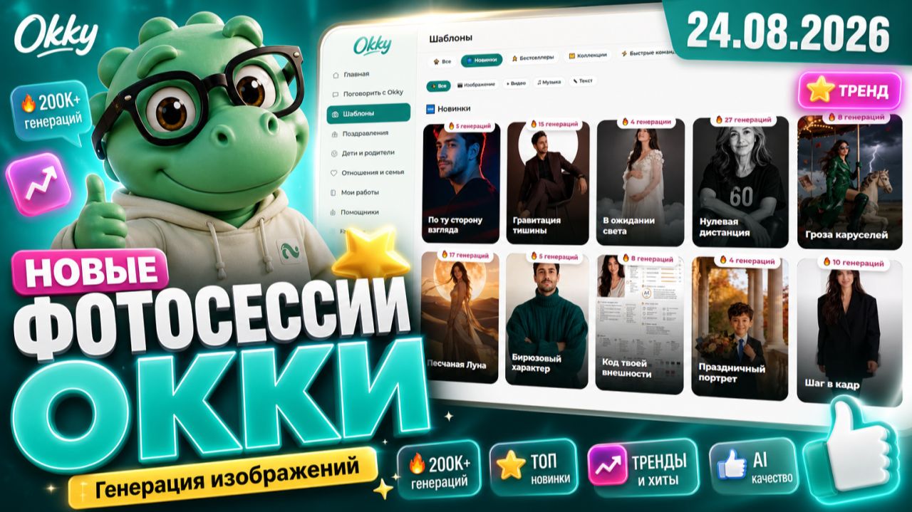 Okky 24 августа: новые AI-фотосессии, разбор «Эстетика лица», смена лидера бестселлеров