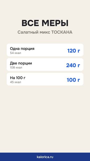 Салатный микс ТОСКАНА: вес порции и калории