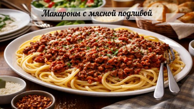 Макароны с мясной подливой, сытное, простое и вкусное горячее блюдо