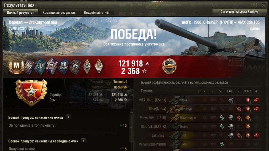 ПЕРЕВАЛ МАСТЕР на AMX Cda 105 ОПЫТ: 1435 СУММАРНЫЙ УРОН: 4503 медаль СТАЛЬНАЯ СТЕНА